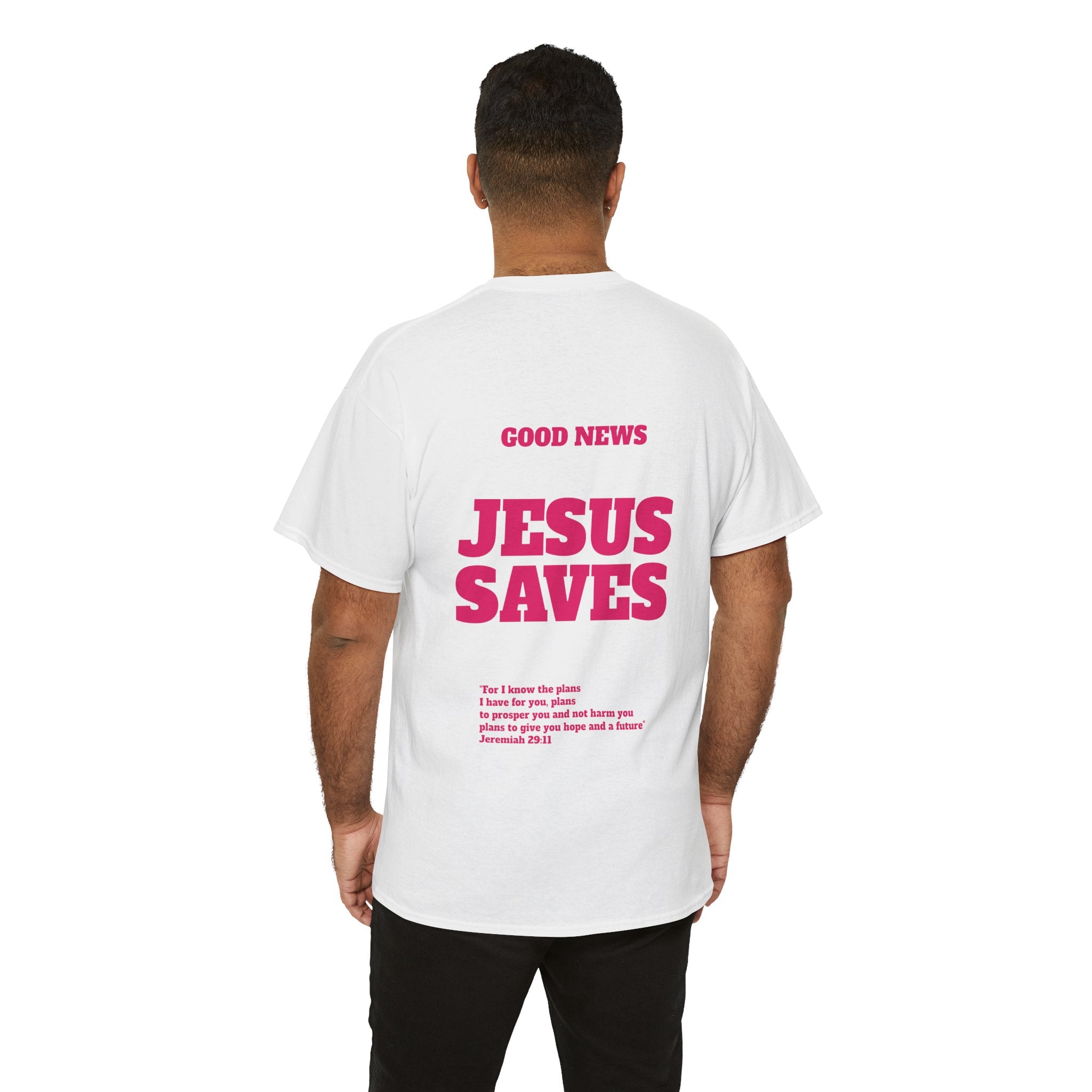 Jesus Saves T‑Shirt Pink 'Good News' Faith Tee (Back Scripture)