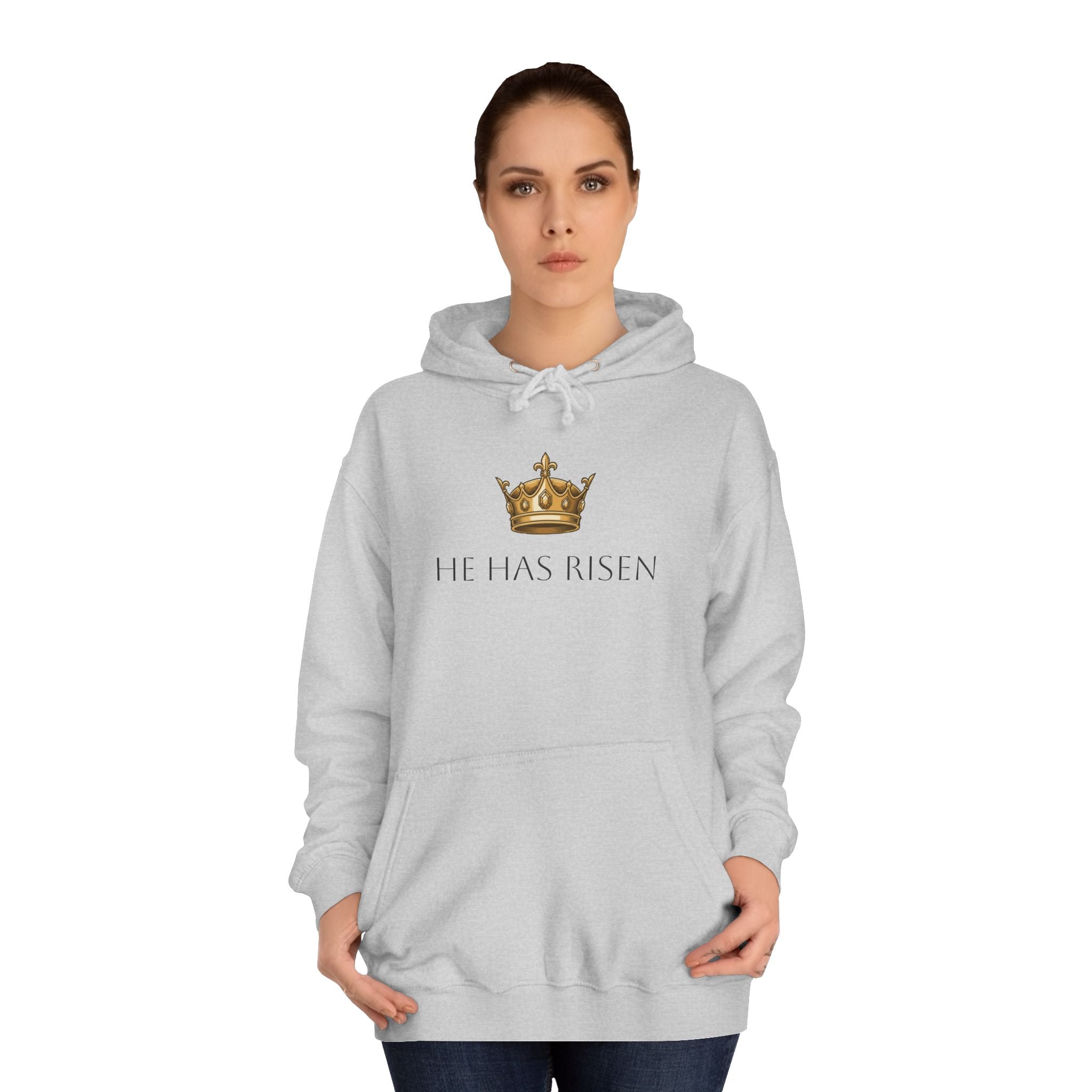 College Hoodie — Gold Crown Graphic with Romans 6:9 Faith Quote