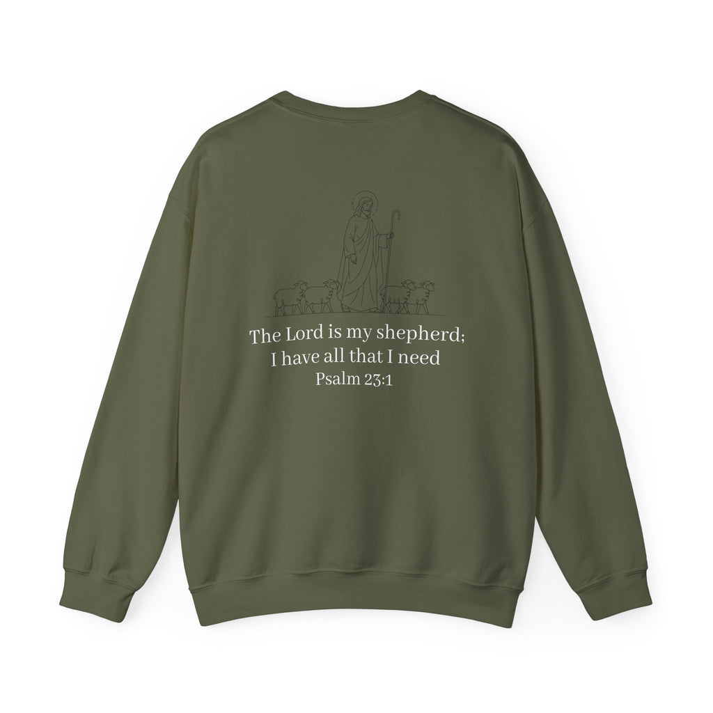 Christian Crewneck Sweatshirt Cross Front & Psalm 23 Shepherd Back