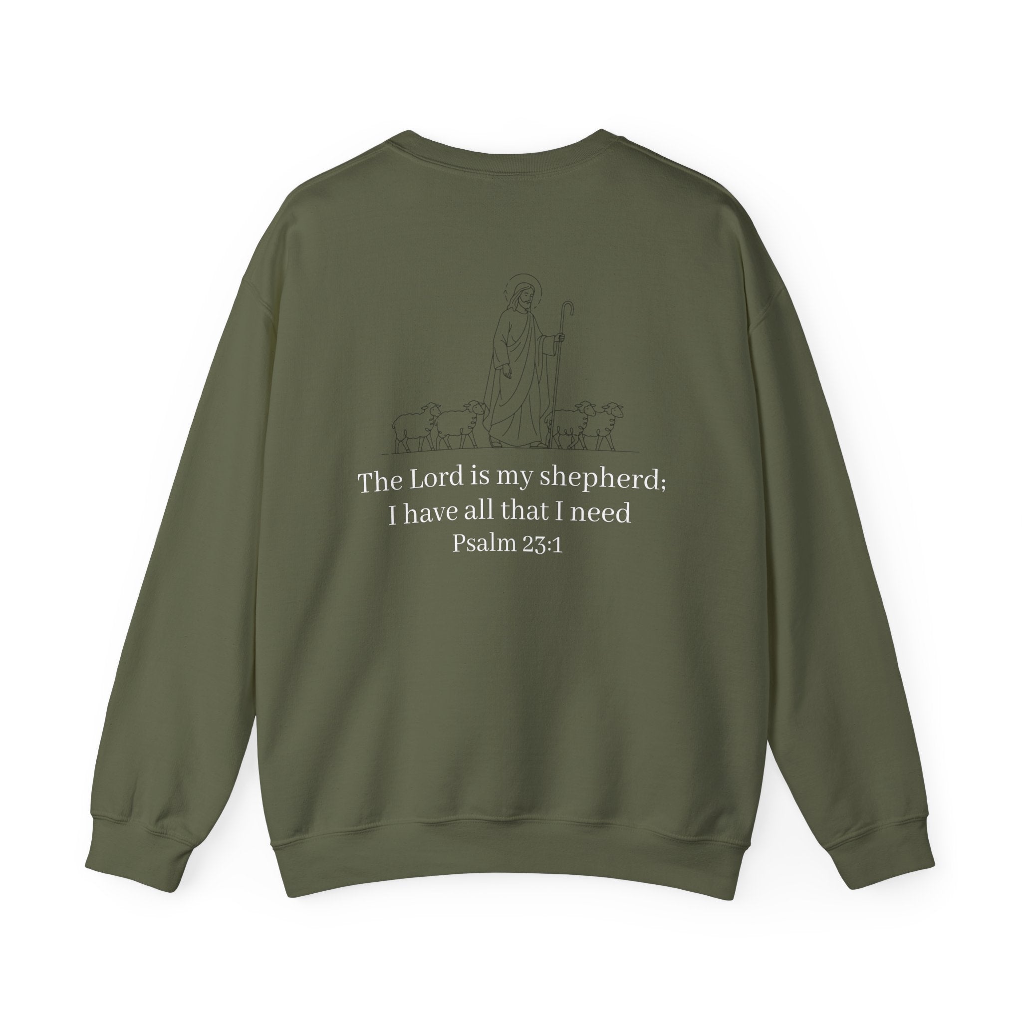 Christian Crewneck Sweatshirt Cross Front & Psalm 23 Shepherd Back
