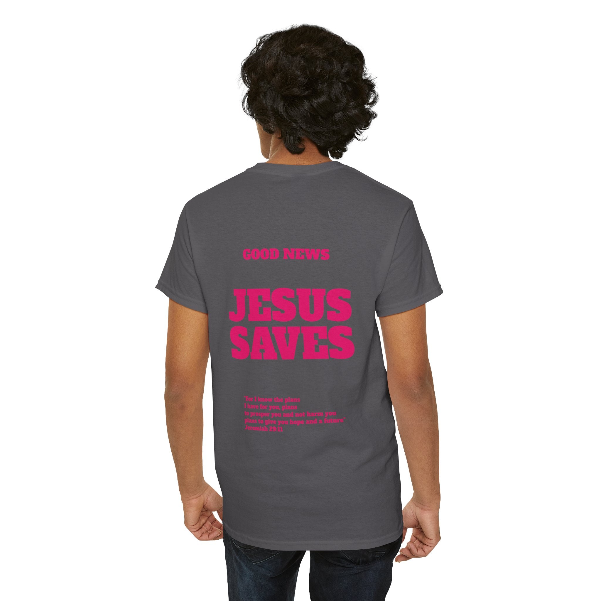 Jesus Saves T‑Shirt Pink 'Good News' Faith Tee (Back Scripture)