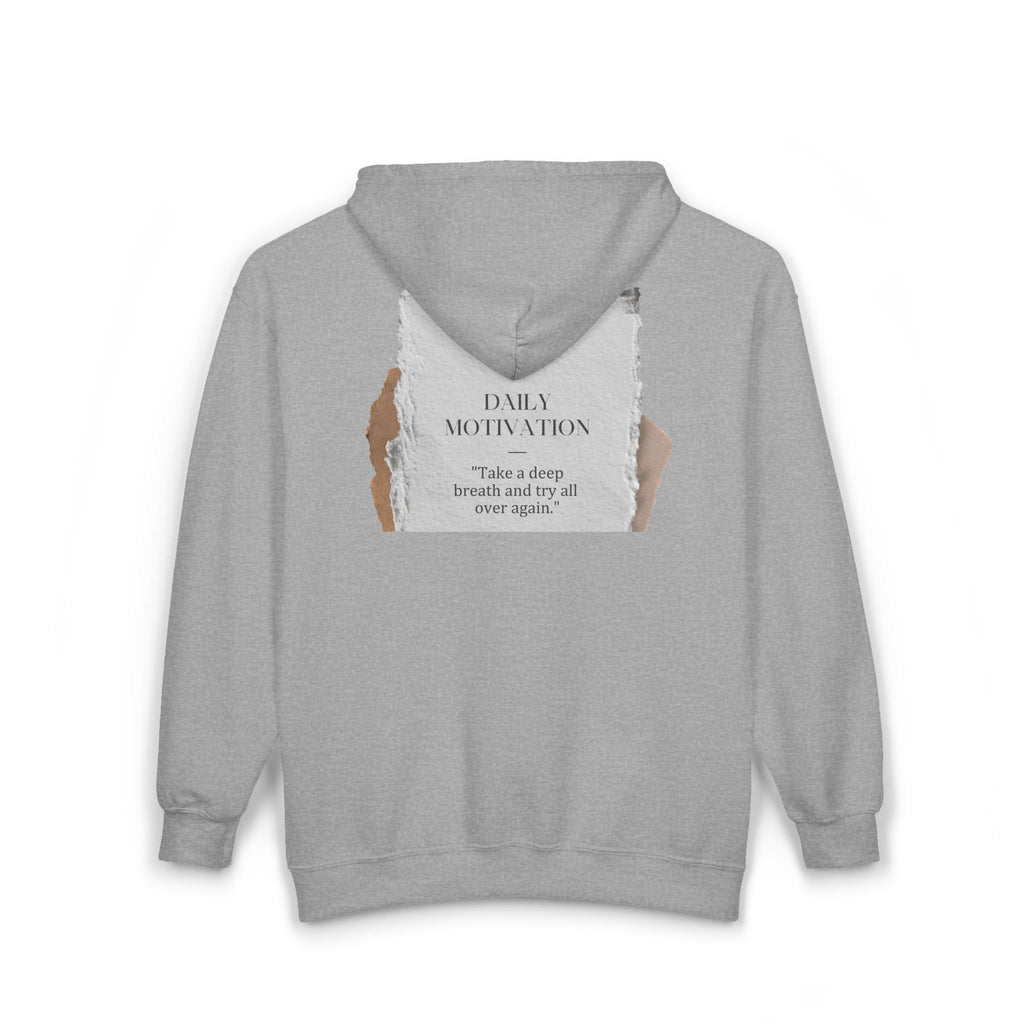 Daily Motivation Quote Zip Hoodie ripped paper design, calming neutral tones