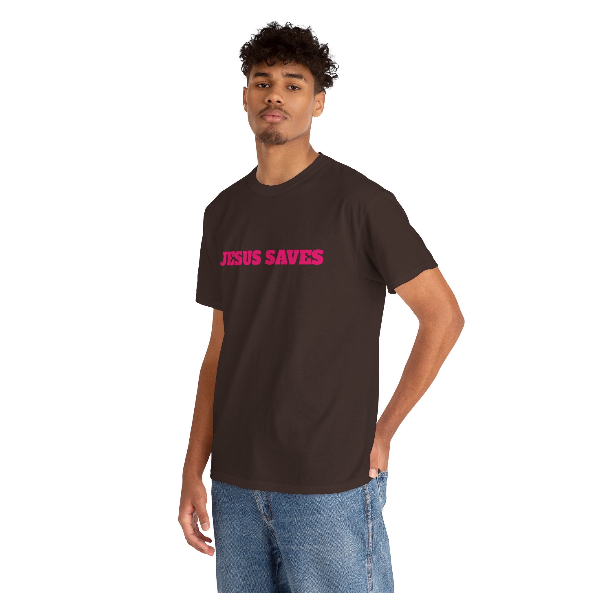 Jesus Saves T‑Shirt Pink 'Good News' Faith Tee (Back Scripture)