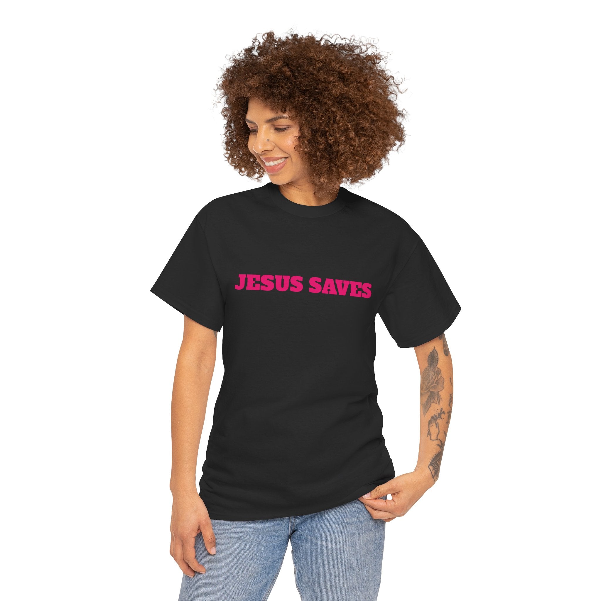 Jesus Saves T‑Shirt Pink 'Good News' Faith Tee (Back Scripture)