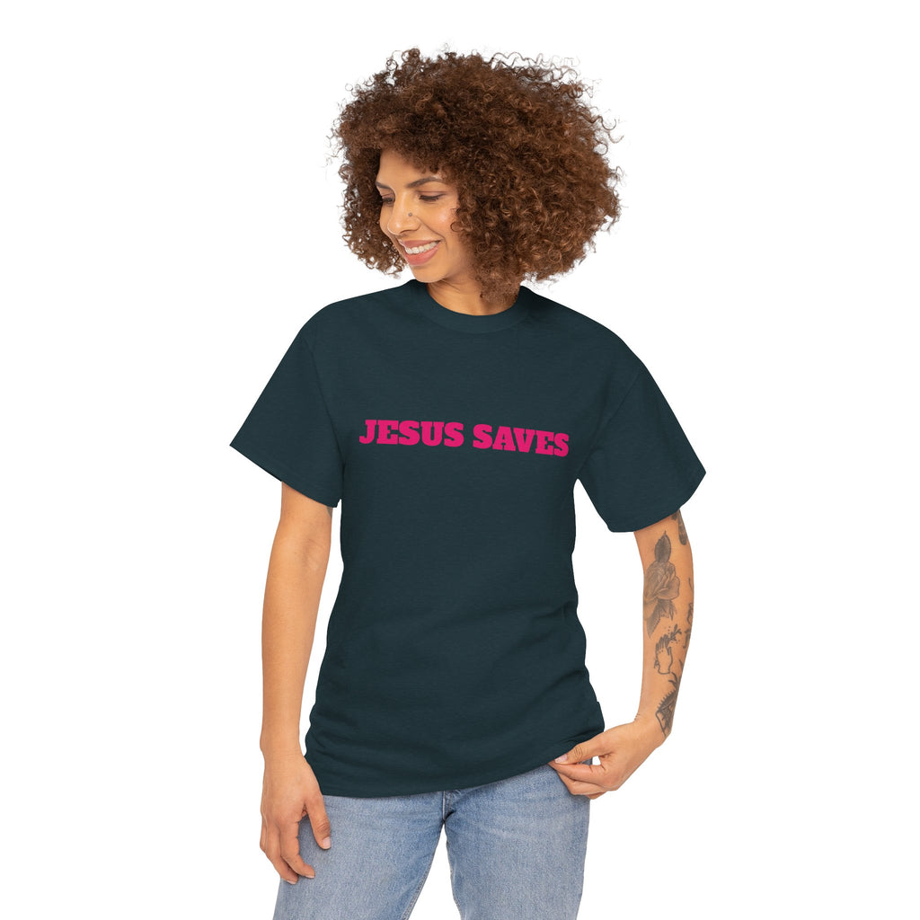 Jesus Saves T‑Shirt Pink 'Good News' Faith Tee (Back Scripture)