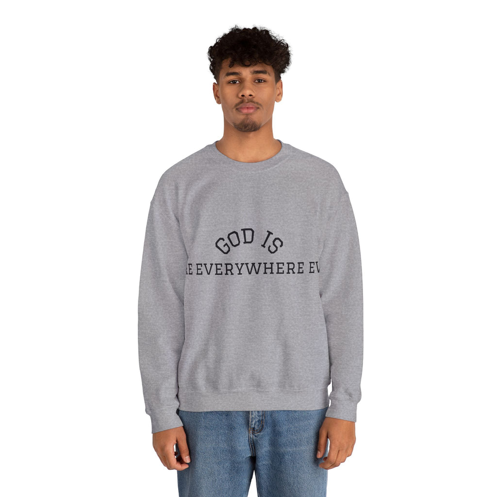Christian Crewneck Sweatshirt — "God Is Everywhere" with Back Cross Design