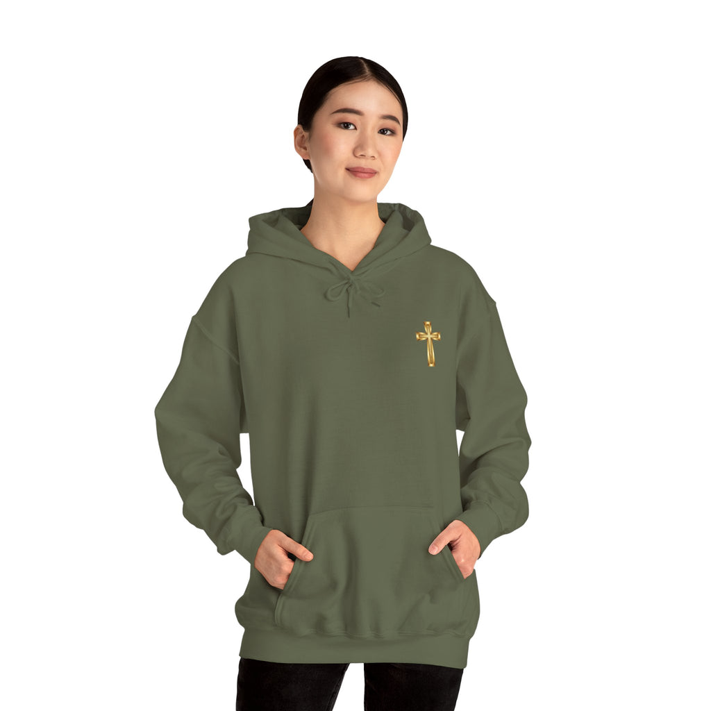 Mountain Road Hoodie with Gold Cross Chest Accent