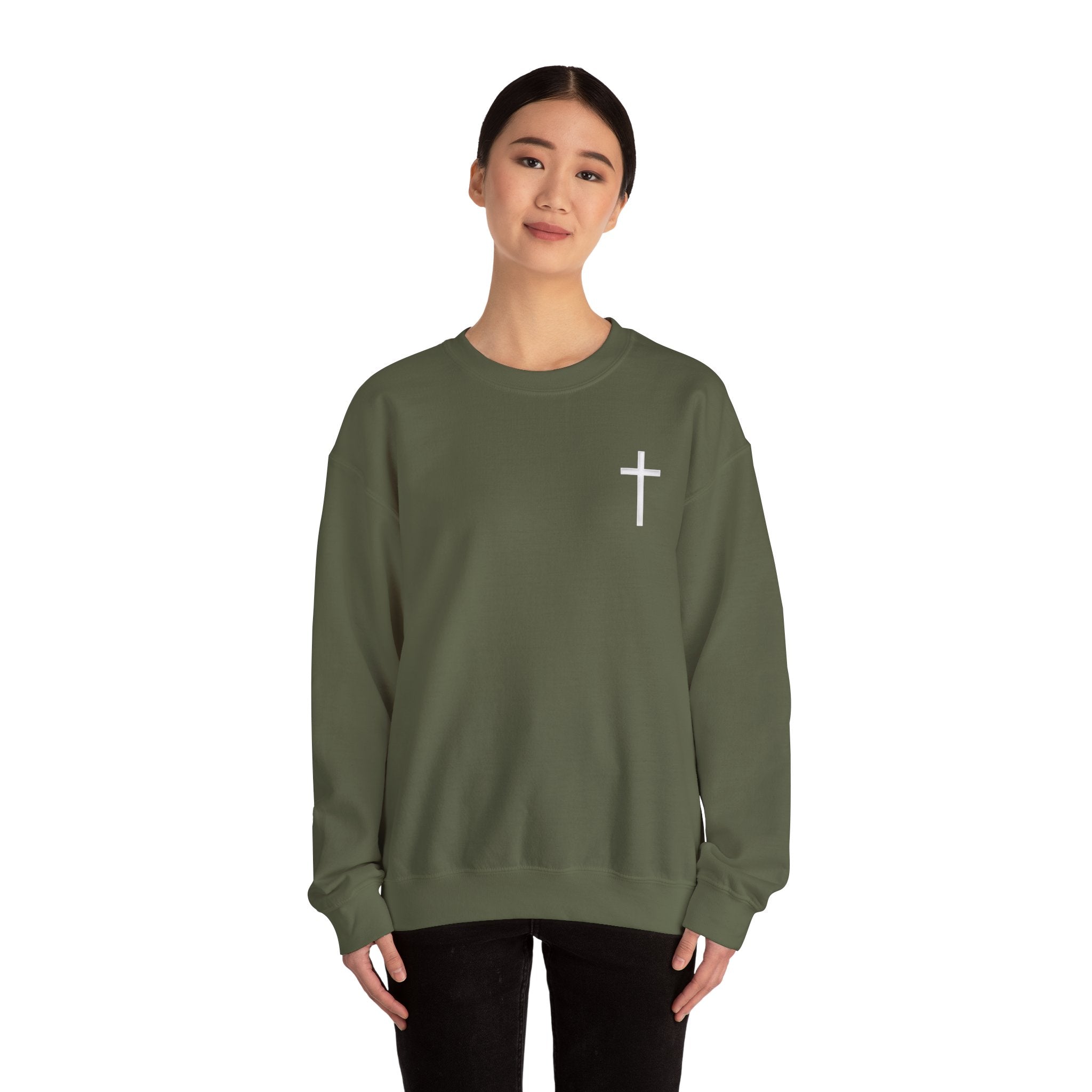 Christian Crewneck Sweatshirt Cross Front & Psalm 23 Shepherd Back