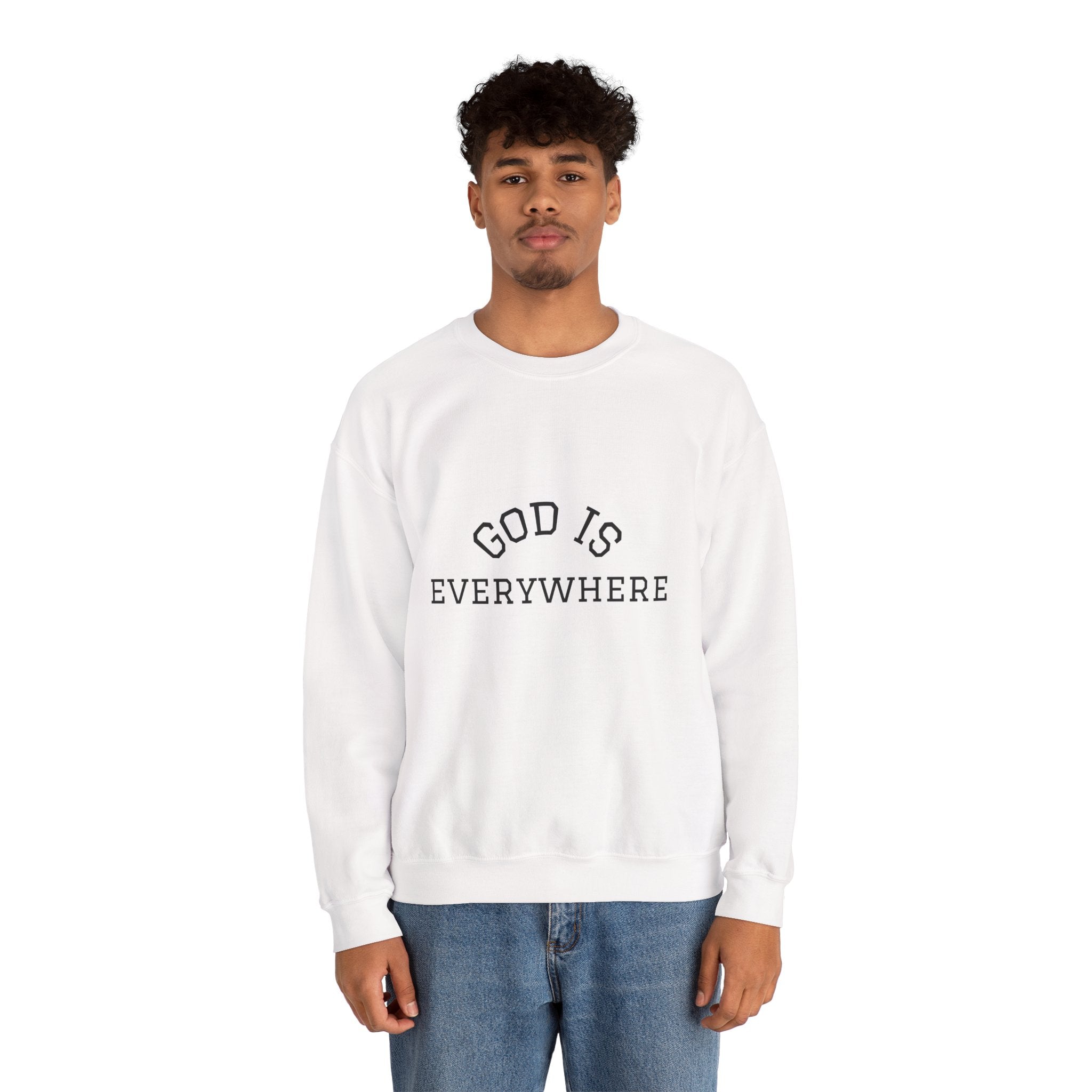 Christian Crewneck Sweatshirt — "God Is Everywhere" with Back Cross Design