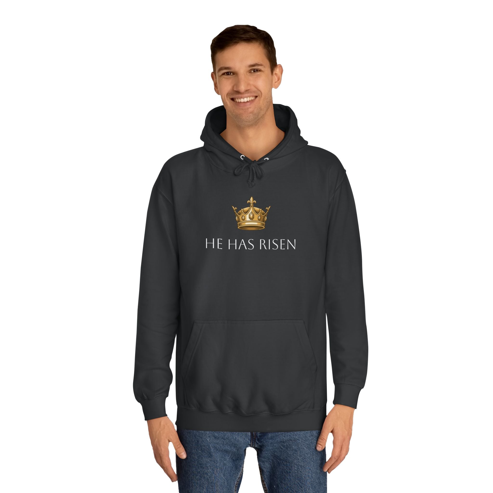 College Hoodie — Gold Crown Graphic with Romans 6:9 Faith Quote