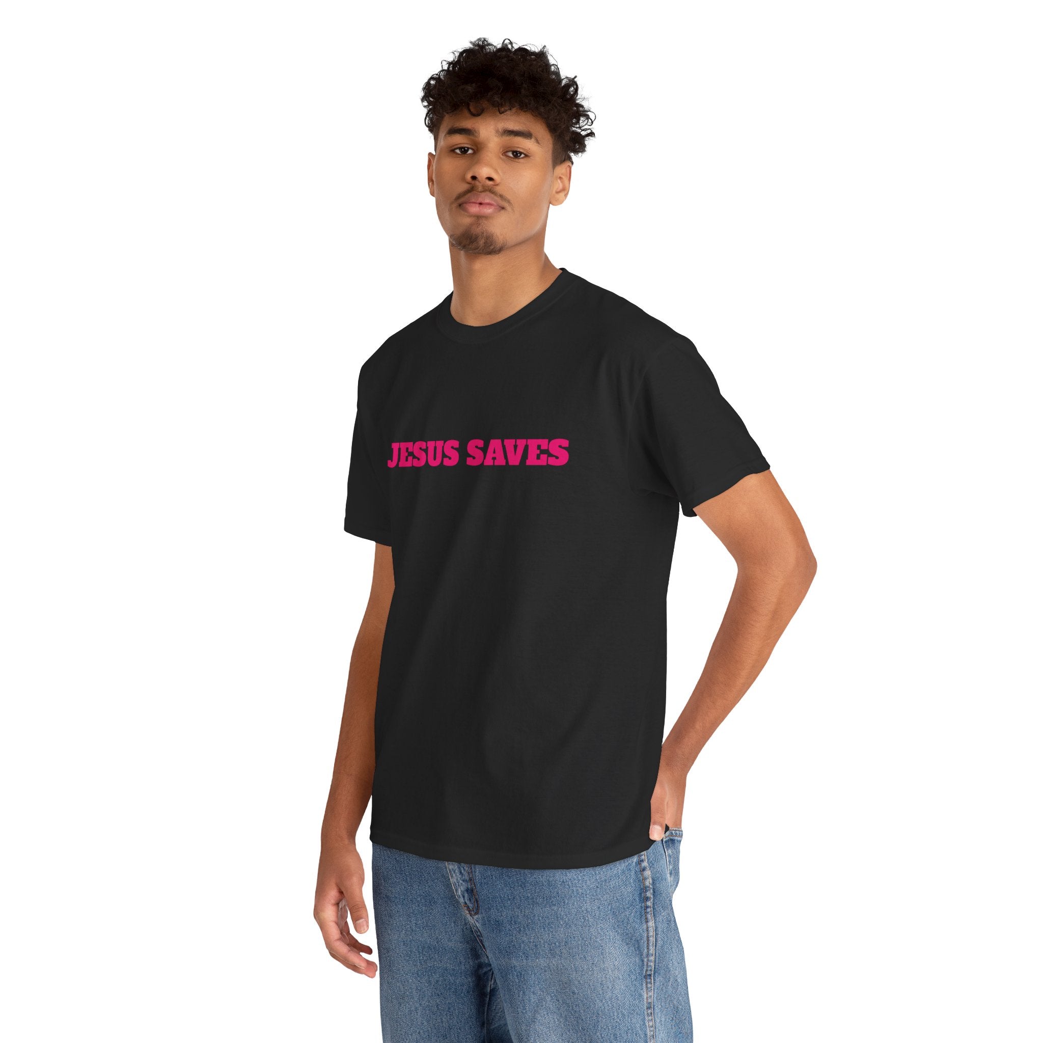 Jesus Saves T‑Shirt Pink 'Good News' Faith Tee (Back Scripture)