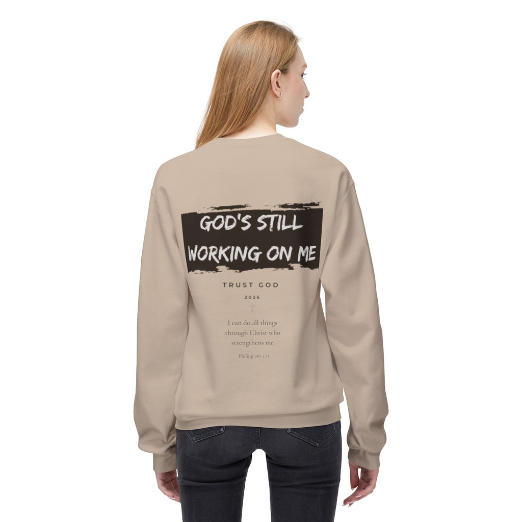 Christian/Catholic Crewneck Sweatshirt "God's Still Working On Me" Cross Pullover