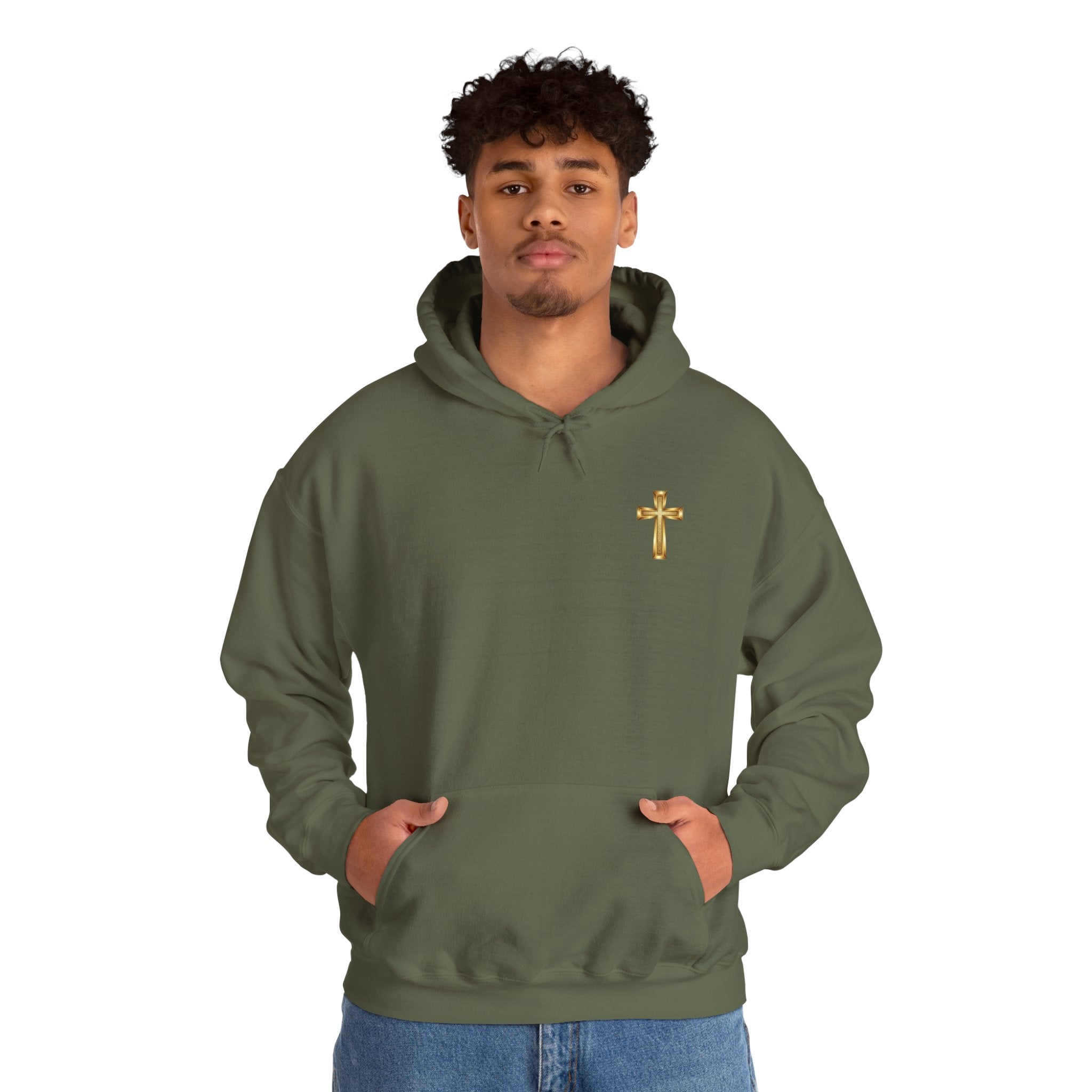 Mountain Road Hoodie with Gold Cross Chest Accent