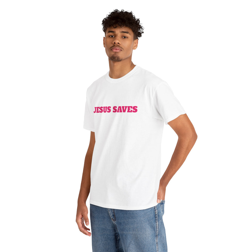 Jesus Saves T‑Shirt Pink 'Good News' Faith Tee (Back Scripture)