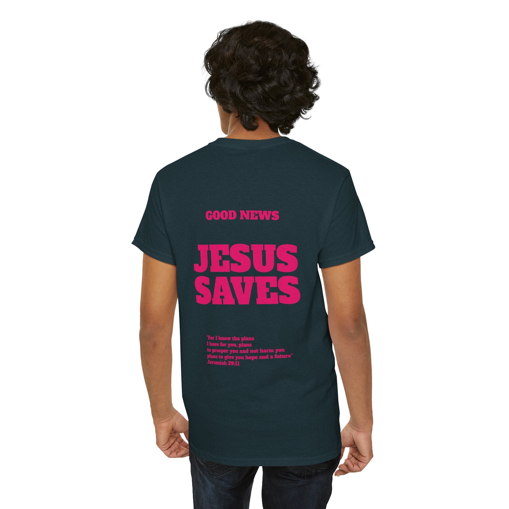Jesus Saves T‑Shirt Pink 'Good News' Faith Tee (Back Scripture)