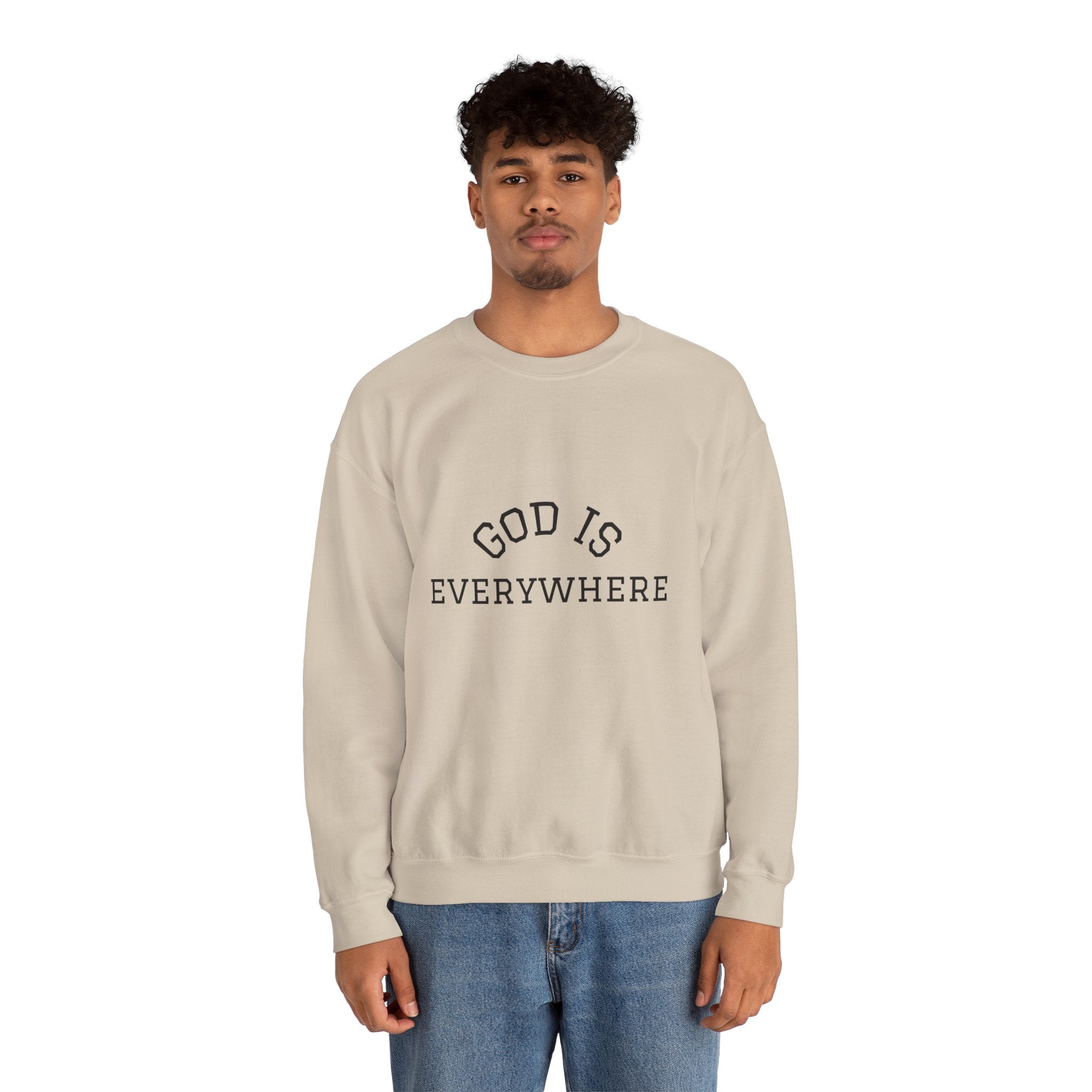 Christian Crewneck Sweatshirt — "God Is Everywhere" with Back Cross Design