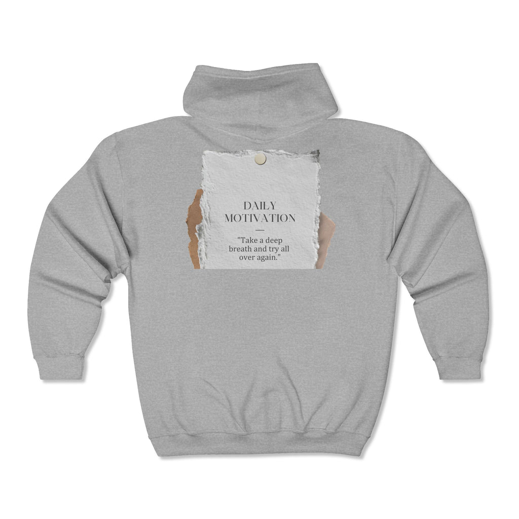 Daily Motivation Quote Zip Hoodie ripped paper design, calming neutral tones
