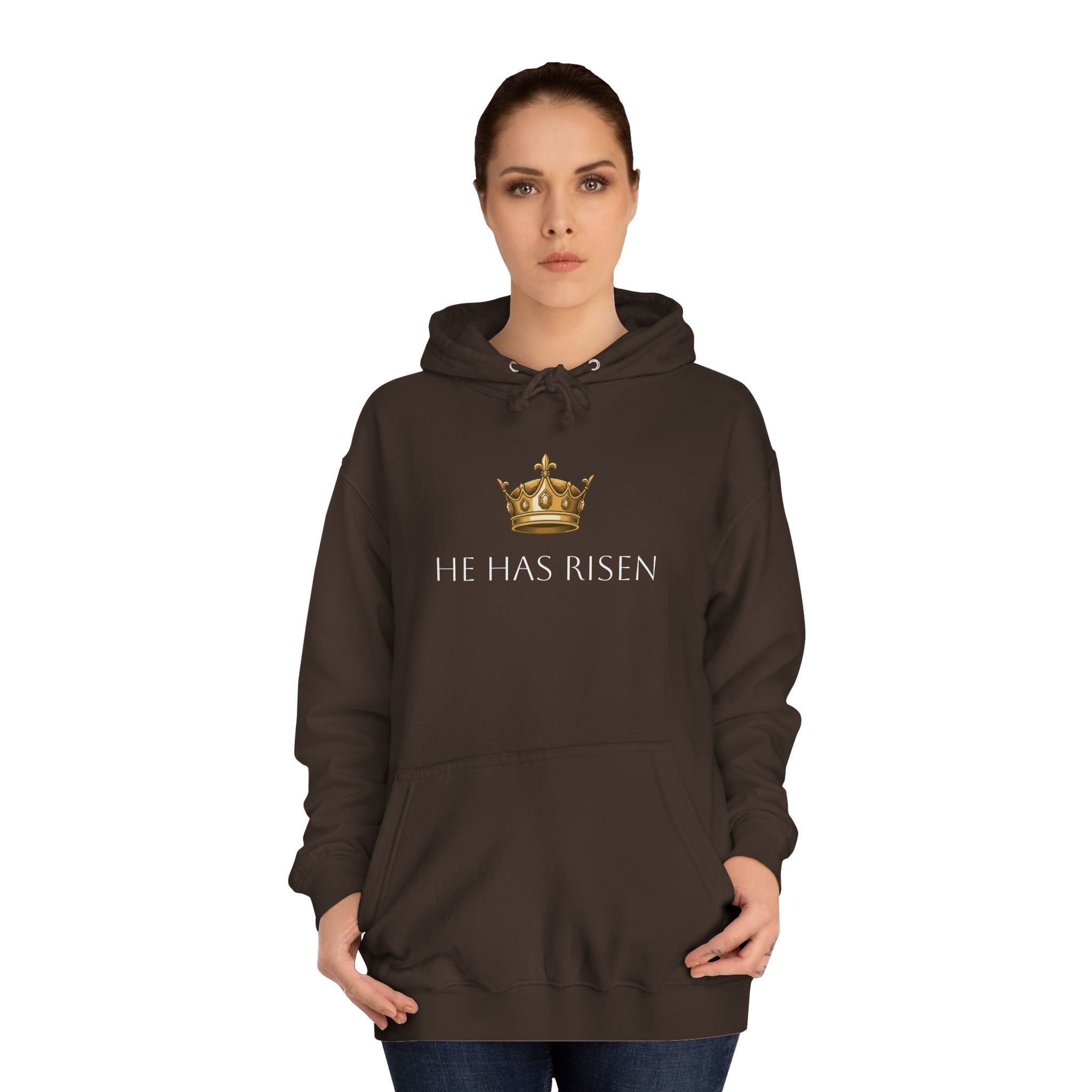 College Hoodie — Gold Crown Graphic with Romans 6:9 Faith Quote
