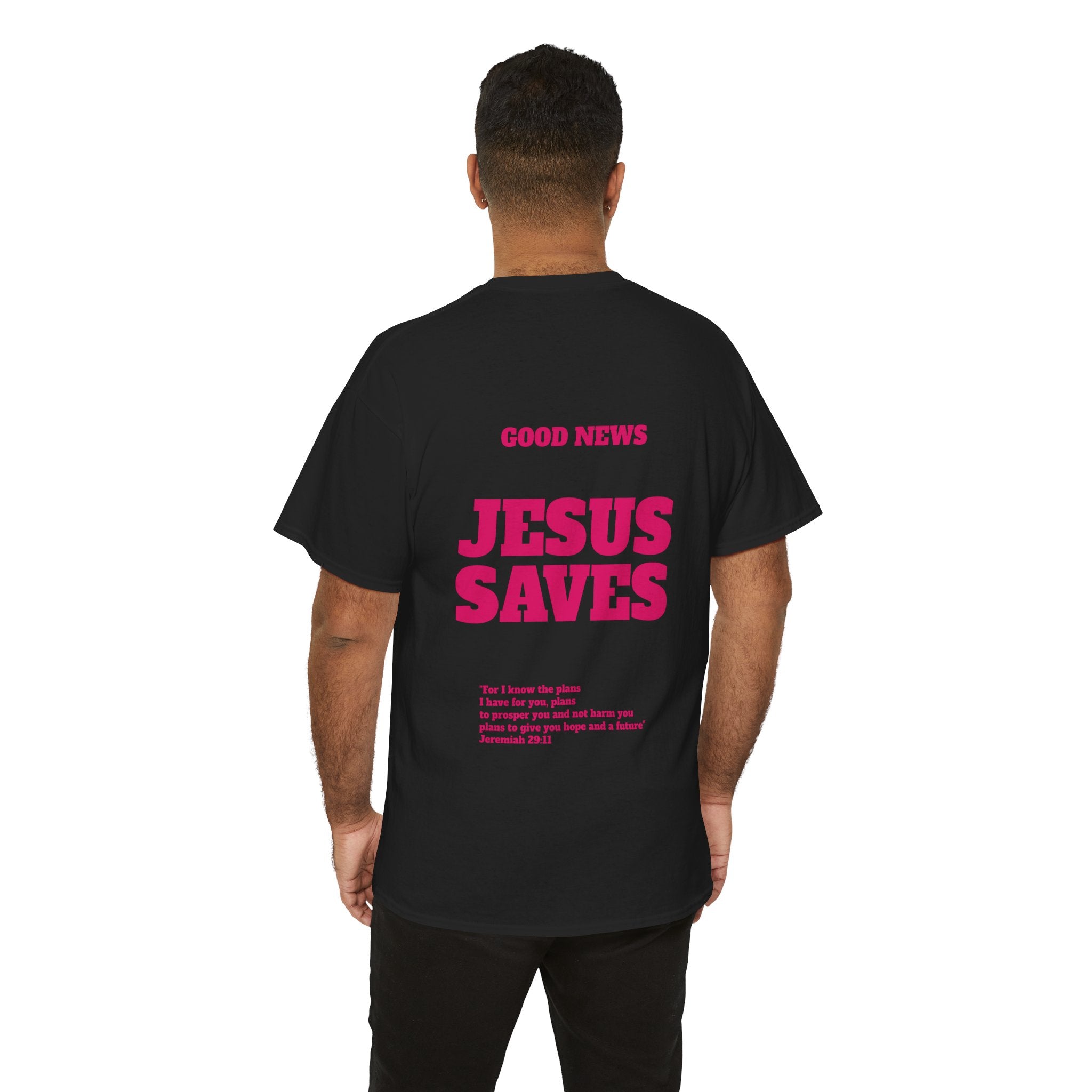 Jesus Saves T‑Shirt Pink 'Good News' Faith Tee (Back Scripture)