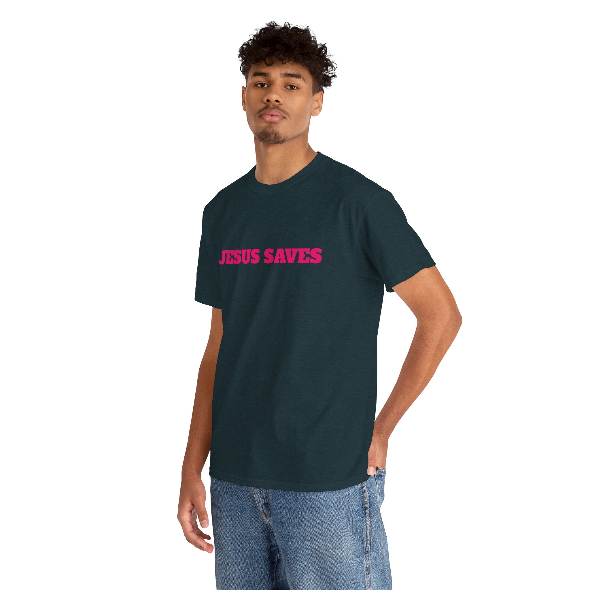 Jesus Saves T‑Shirt Pink 'Good News' Faith Tee (Back Scripture)