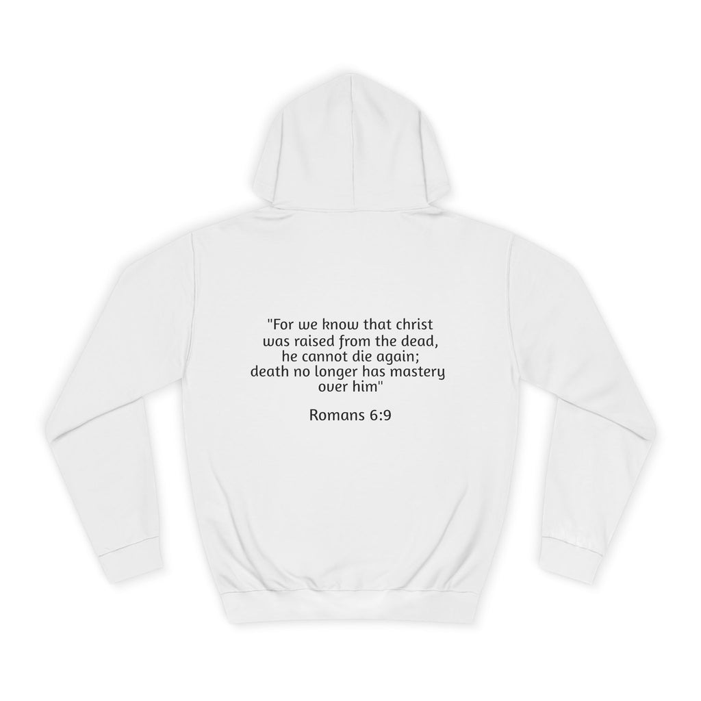 College Hoodie — Gold Crown Graphic with Romans 6:9 Faith Quote