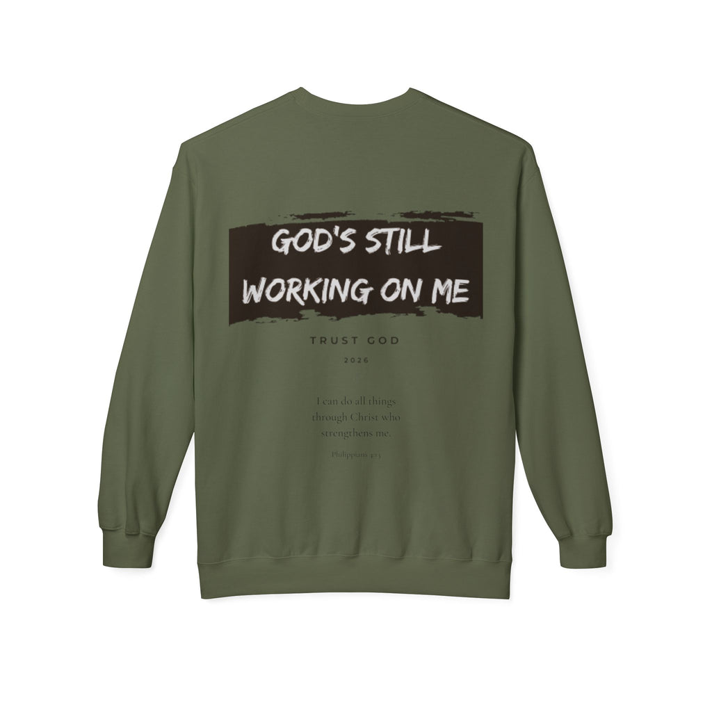 Christian/Catholic Crewneck Sweatshirt "God's Still Working On Me" Cross Pullover