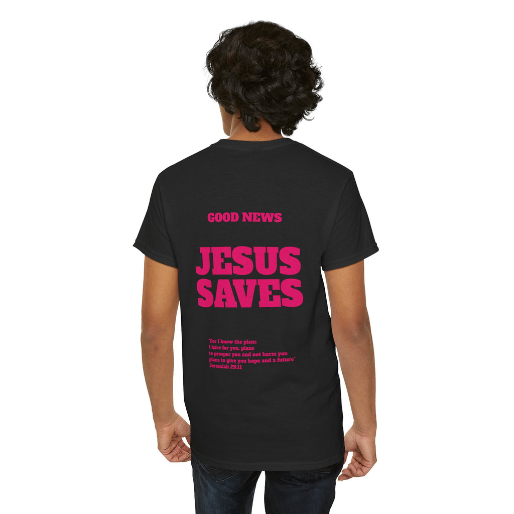 Jesus Saves T‑Shirt Pink 'Good News' Faith Tee (Back Scripture)