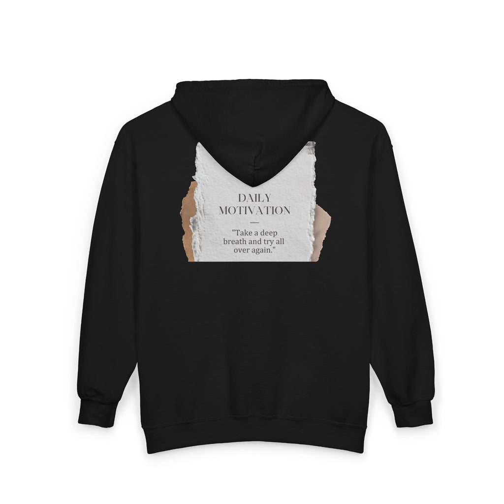 Daily Motivation Quote Zip Hoodie ripped paper design, calming neutral tones