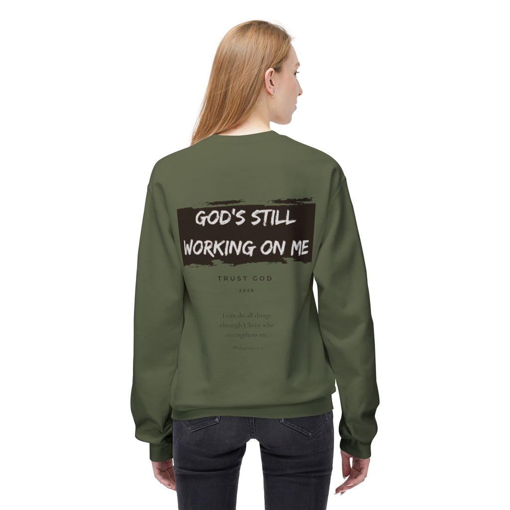 Christian/Catholic Crewneck Sweatshirt "God's Still Working On Me" Cross Pullover