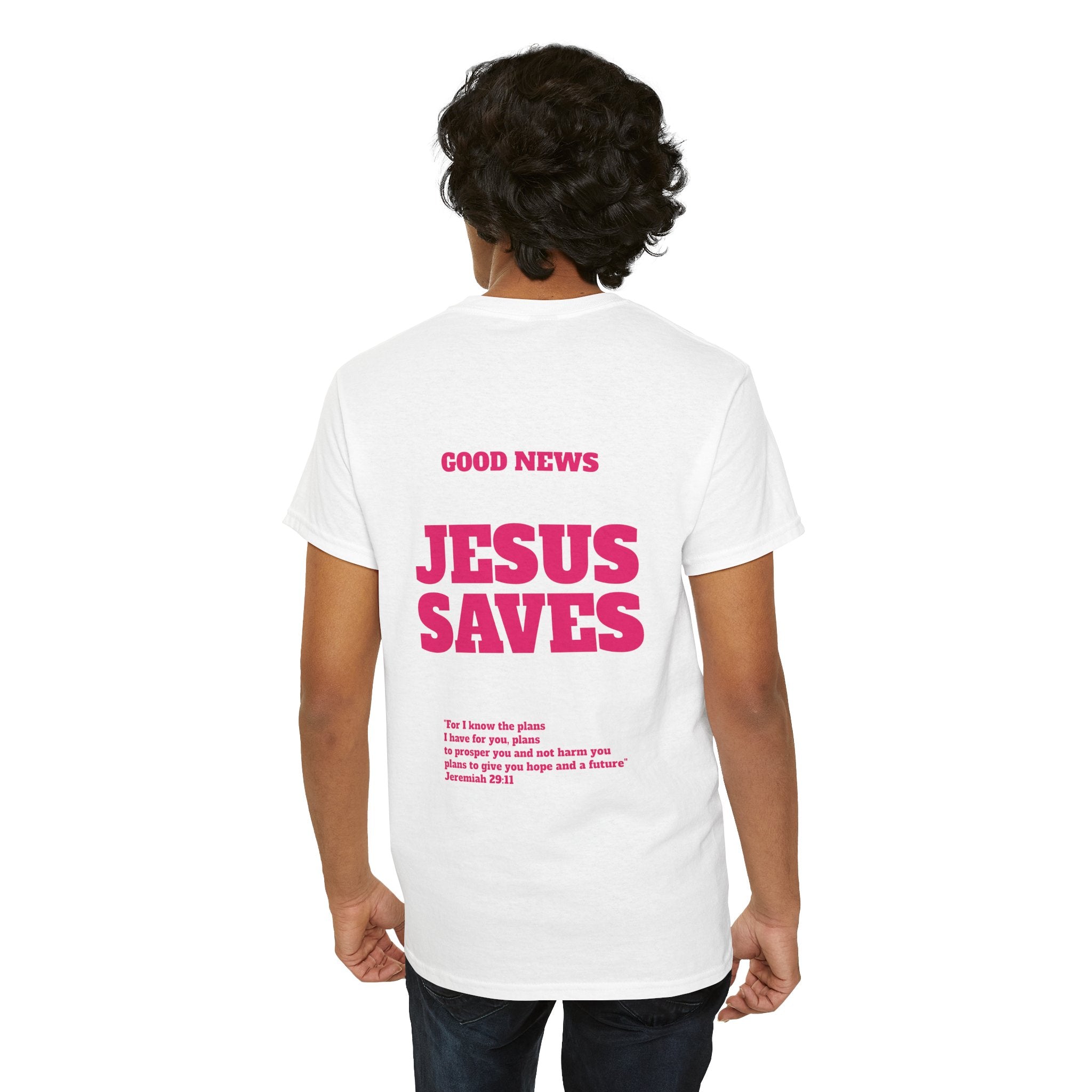 Jesus Saves T‑Shirt Pink 'Good News' Faith Tee (Back Scripture)