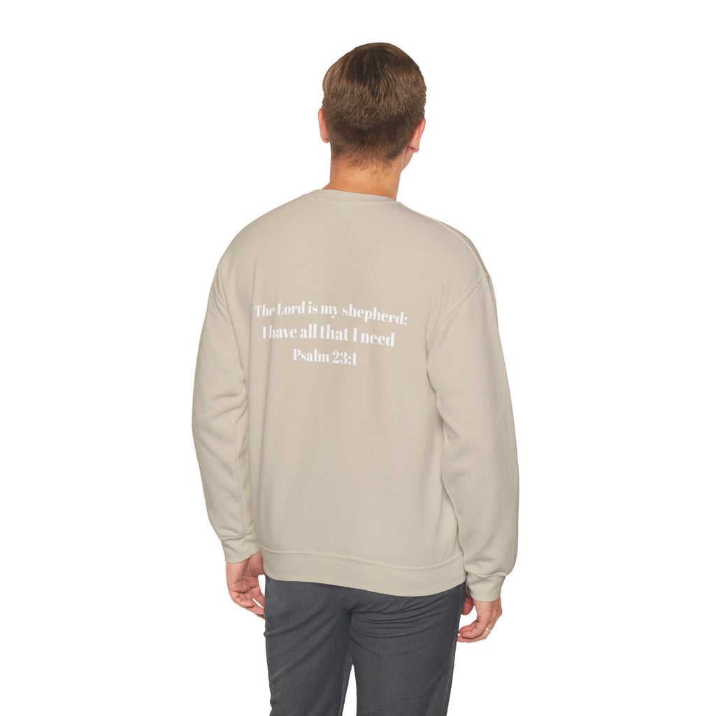 Christian Crewneck Sweatshirt Cross Front & Psalm 23 Shepherd Back