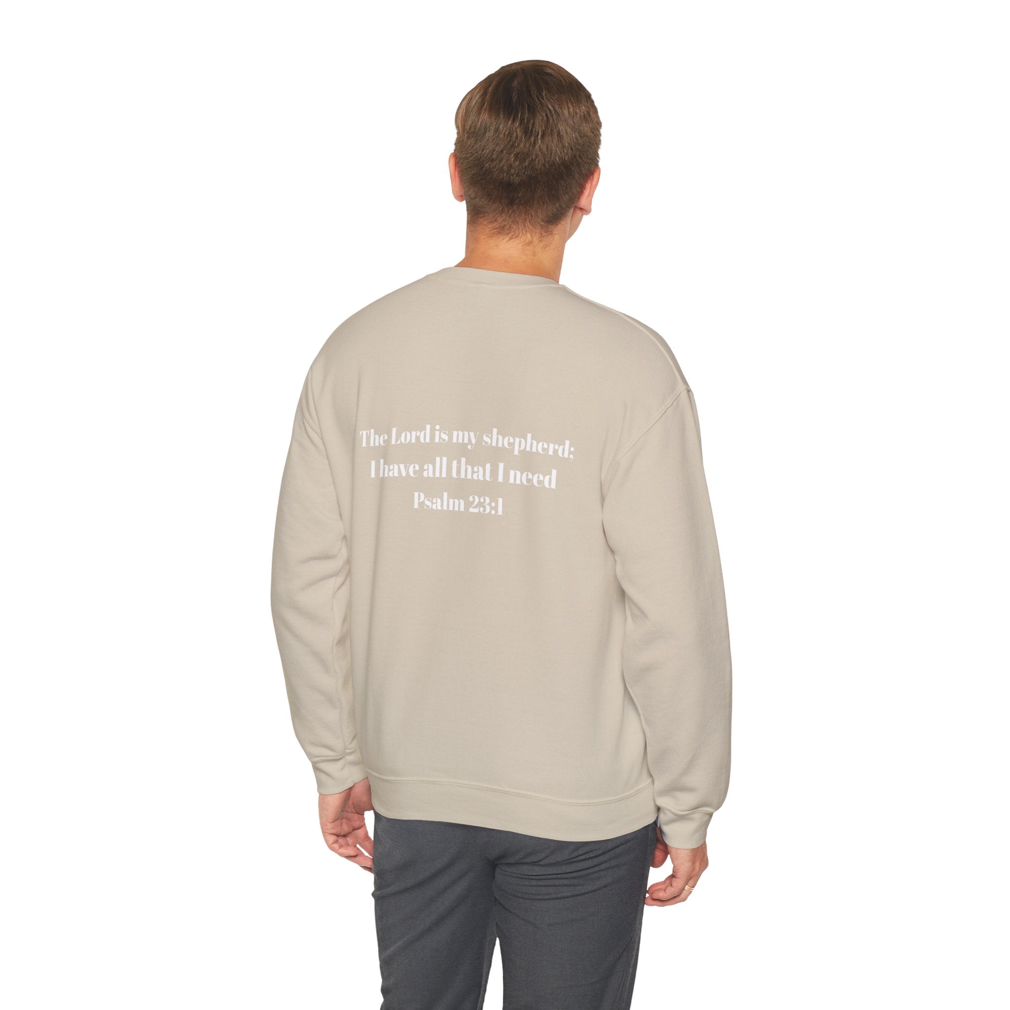 Christian Crewneck Sweatshirt Cross Front & Psalm 23 Shepherd Back