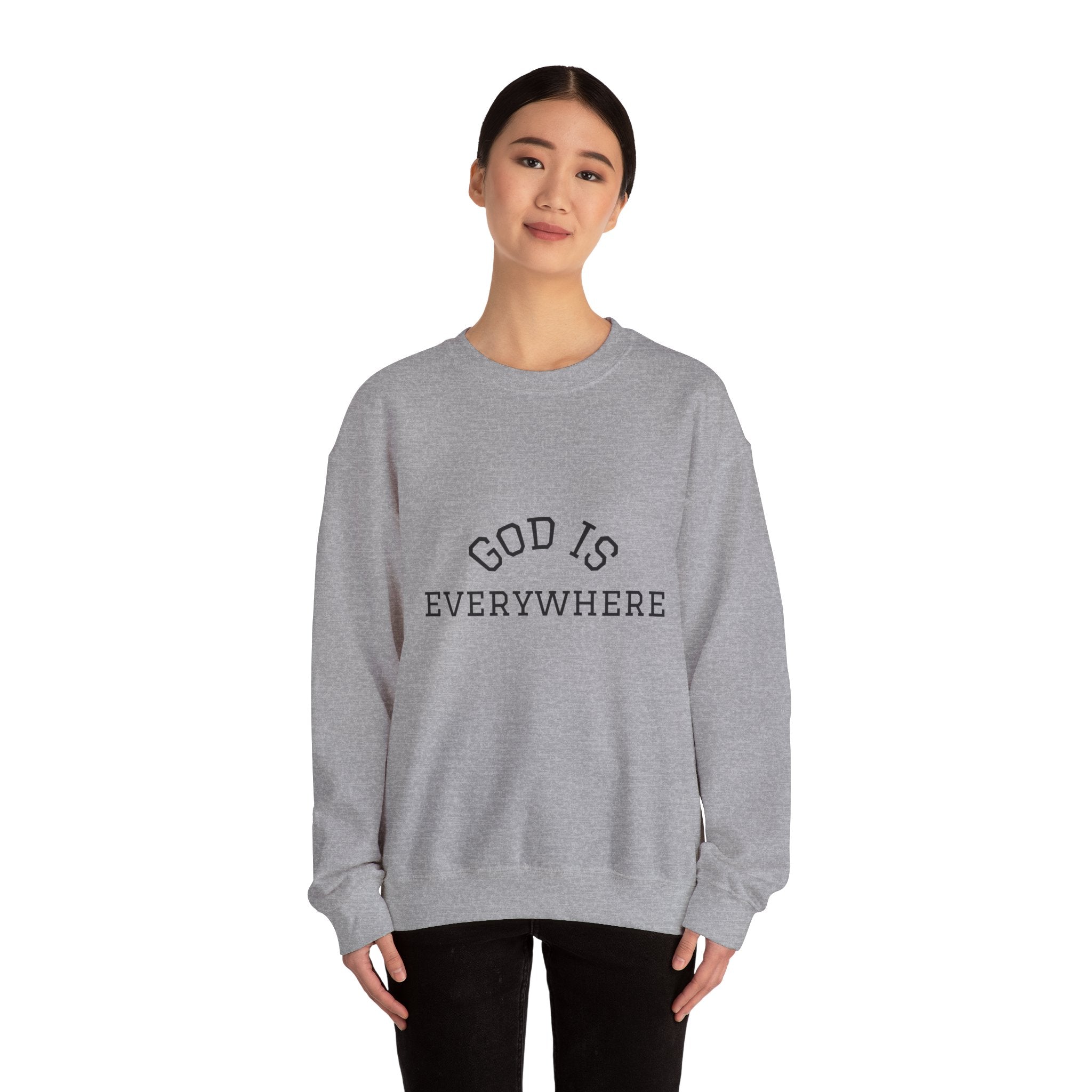 Christian Crewneck Sweatshirt — "God Is Everywhere" with Back Cross Design
