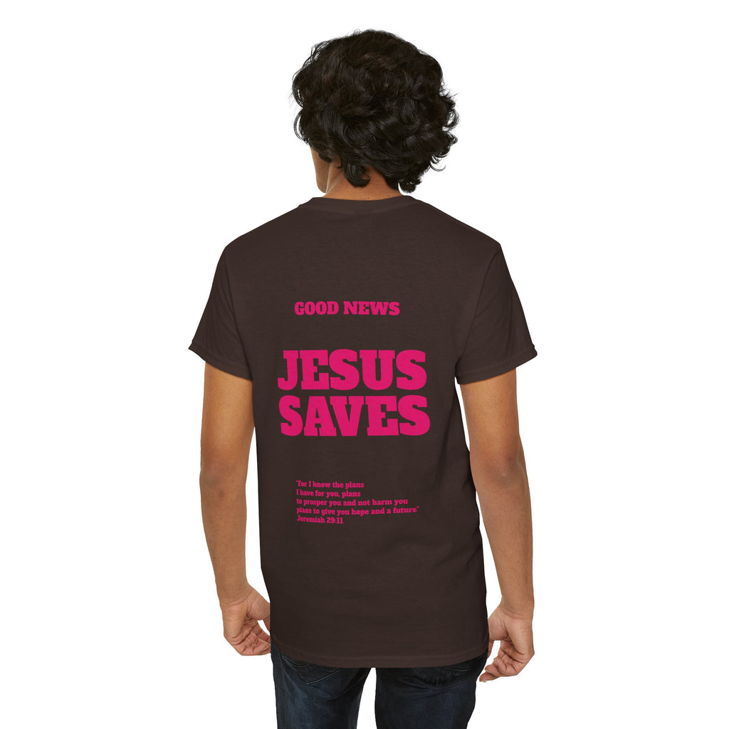 Jesus Saves T‑Shirt Pink 'Good News' Faith Tee (Back Scripture)