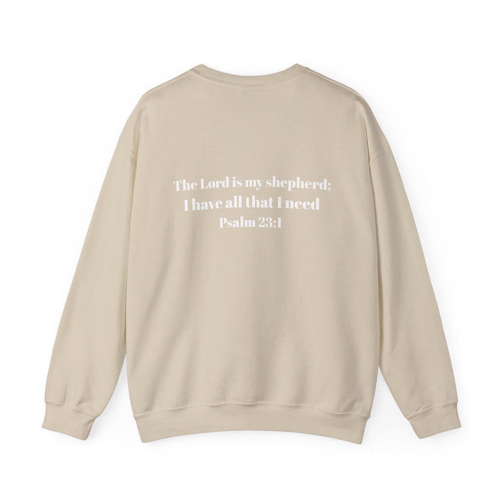 Christian Crewneck Sweatshirt Cross Front & Psalm 23 Shepherd Back