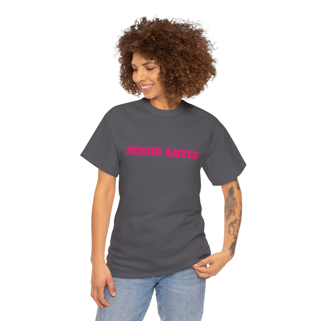 Jesus Saves T‑Shirt Pink 'Good News' Faith Tee (Back Scripture)