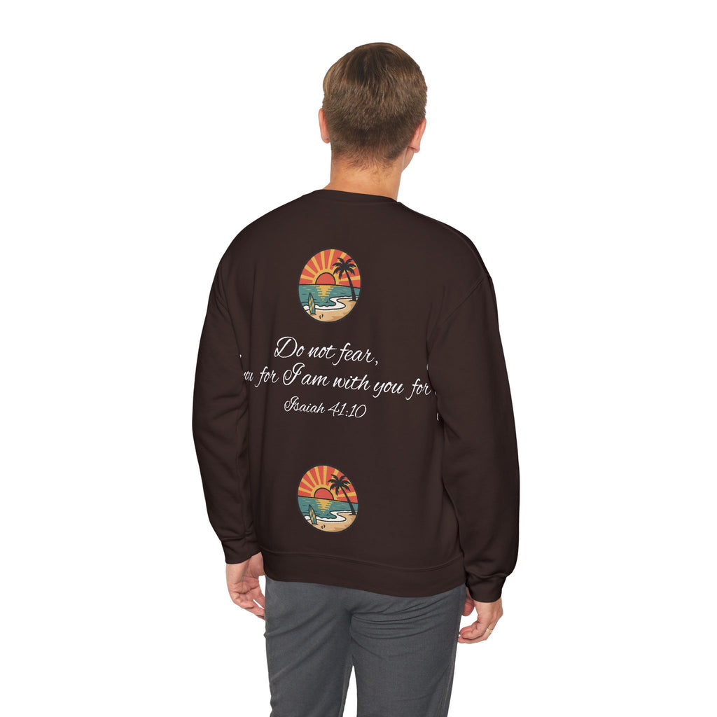 Crewneck Sweatshirt "Do Not Fear, For I Am With You" Scripture Design (Isaiah 41:10) Sunset Beach Graphic