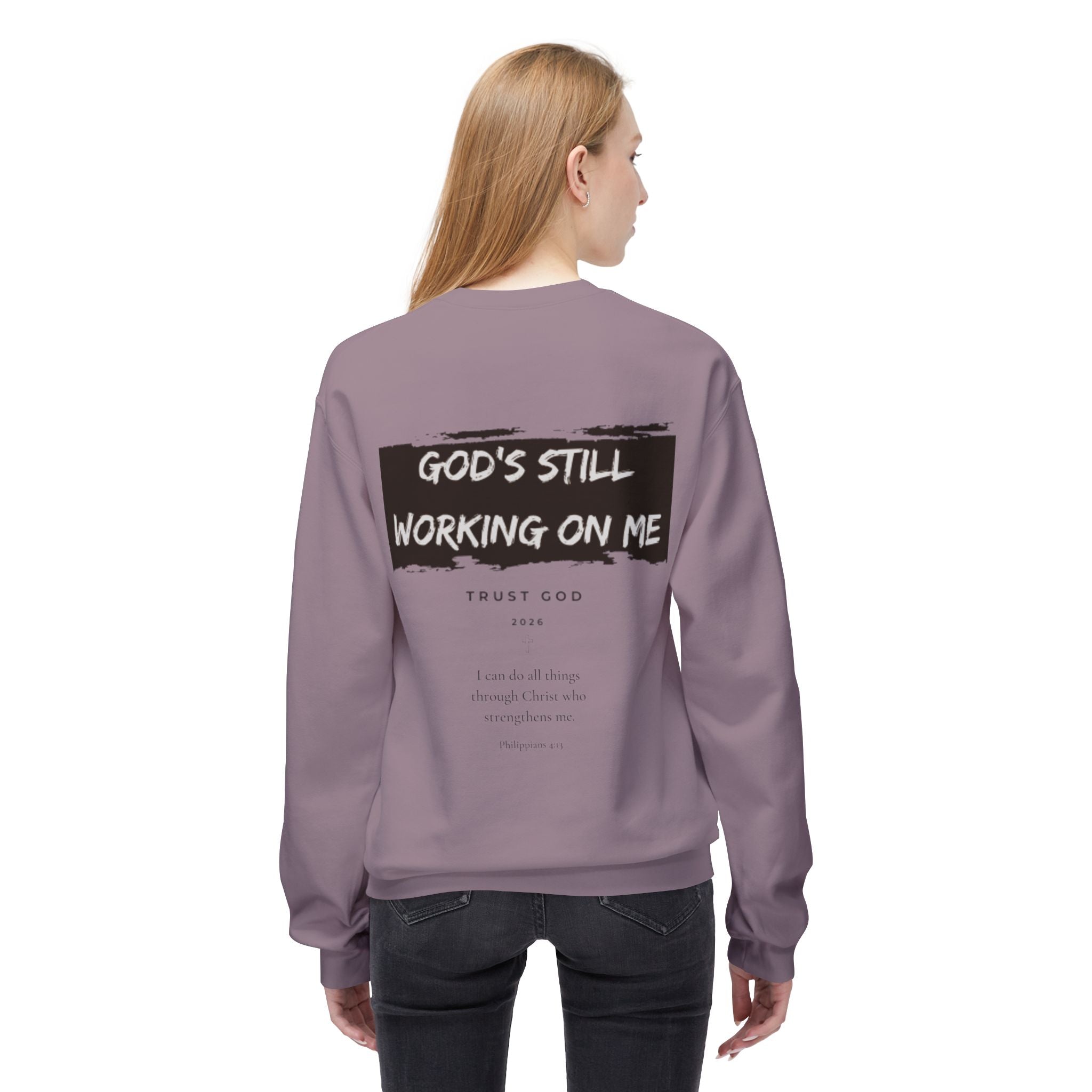 Christian/Catholic Crewneck Sweatshirt "God's Still Working On Me" Cross Pullover