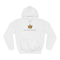 College Hoodie — Gold Crown Graphic with Romans 6:9 Faith Quote