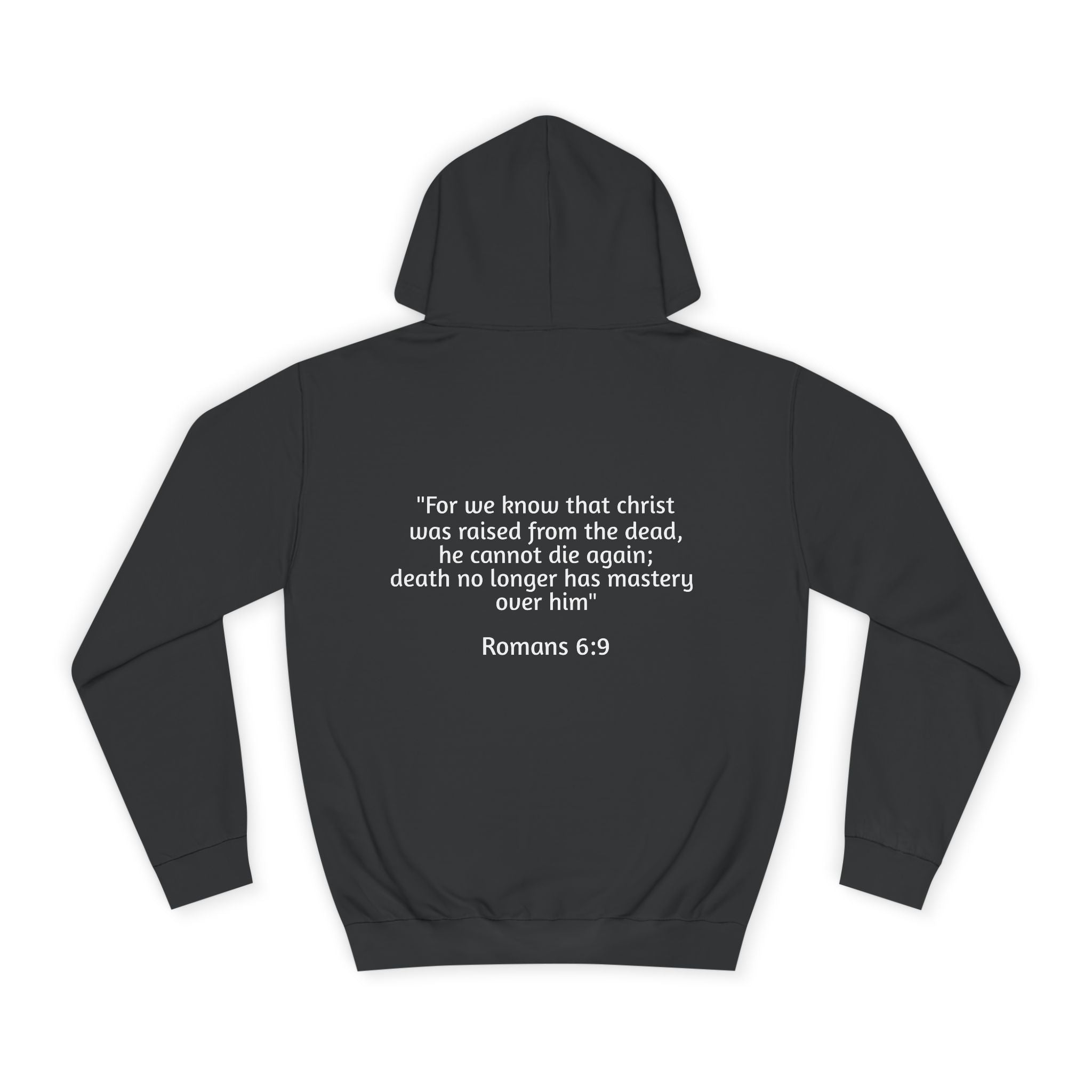College Hoodie — Gold Crown Graphic with Romans 6:9 Faith Quote