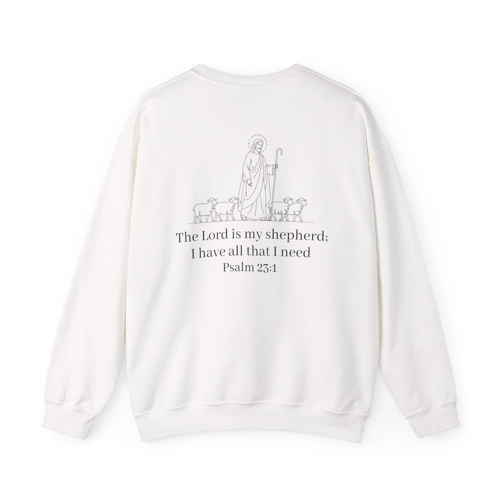Christian Crewneck Sweatshirt Cross Front & Psalm 23 Shepherd Back