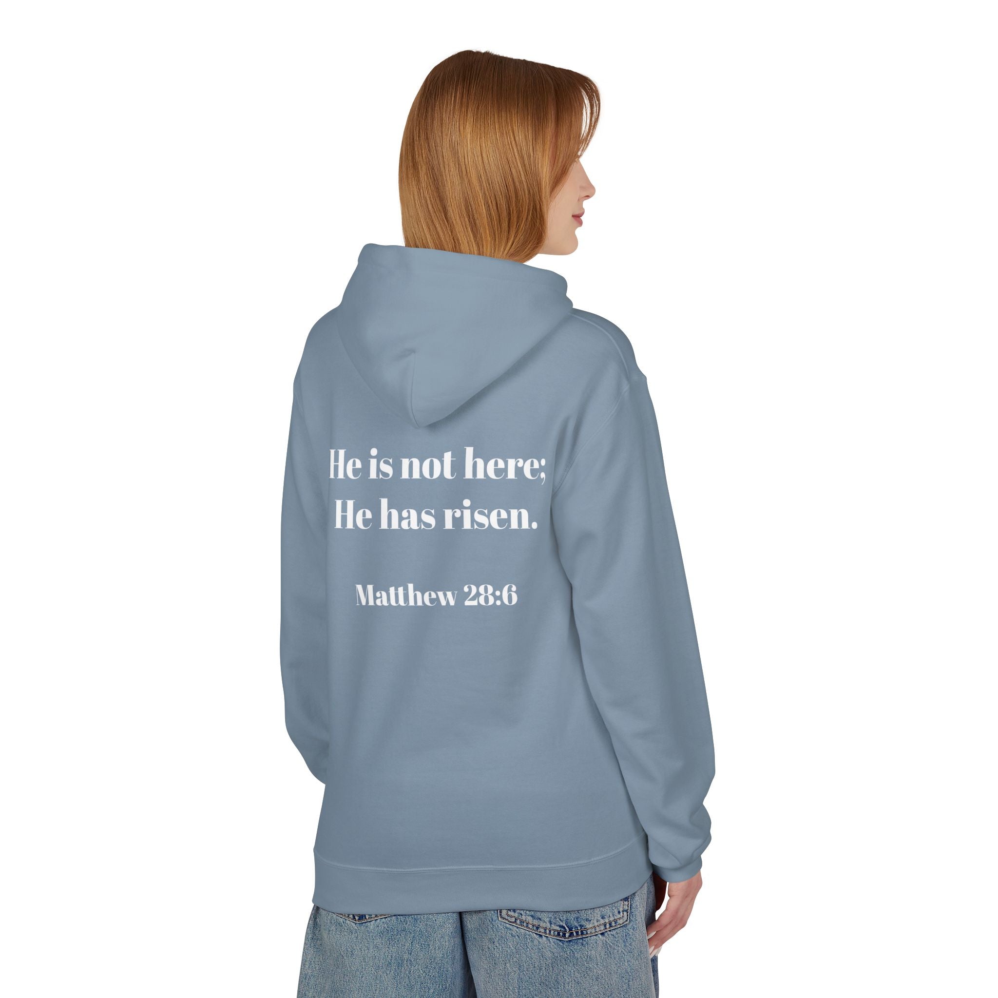 He Has Risen Hoodie  Christian Easter Scripture Pullover (Matthew 28:6)