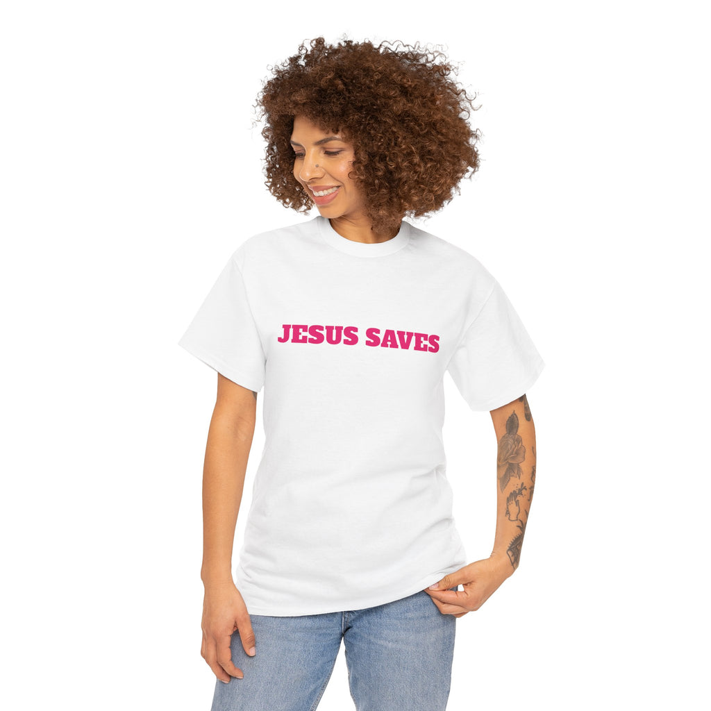 Jesus Saves T‑Shirt Pink 'Good News' Faith Tee (Back Scripture)