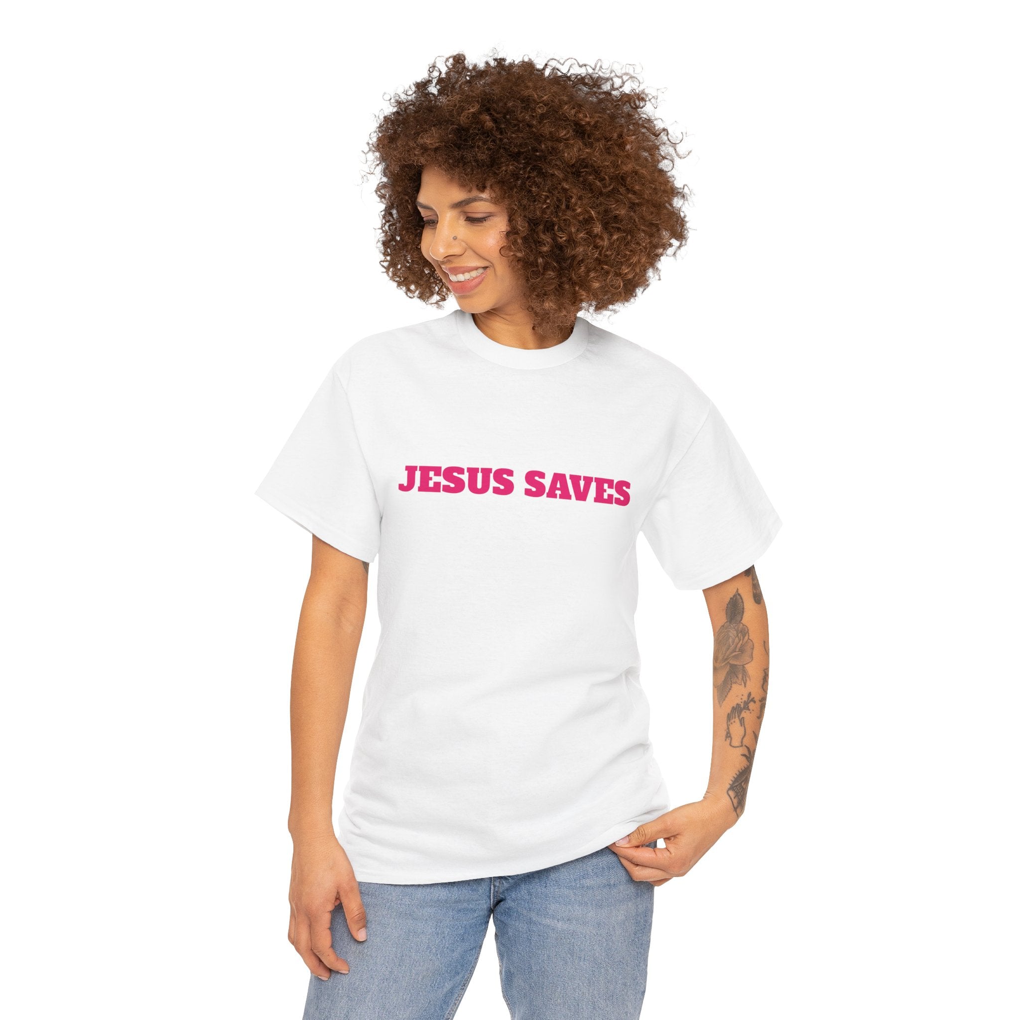 Jesus Saves T‑Shirt Pink 'Good News' Faith Tee (Back Scripture)