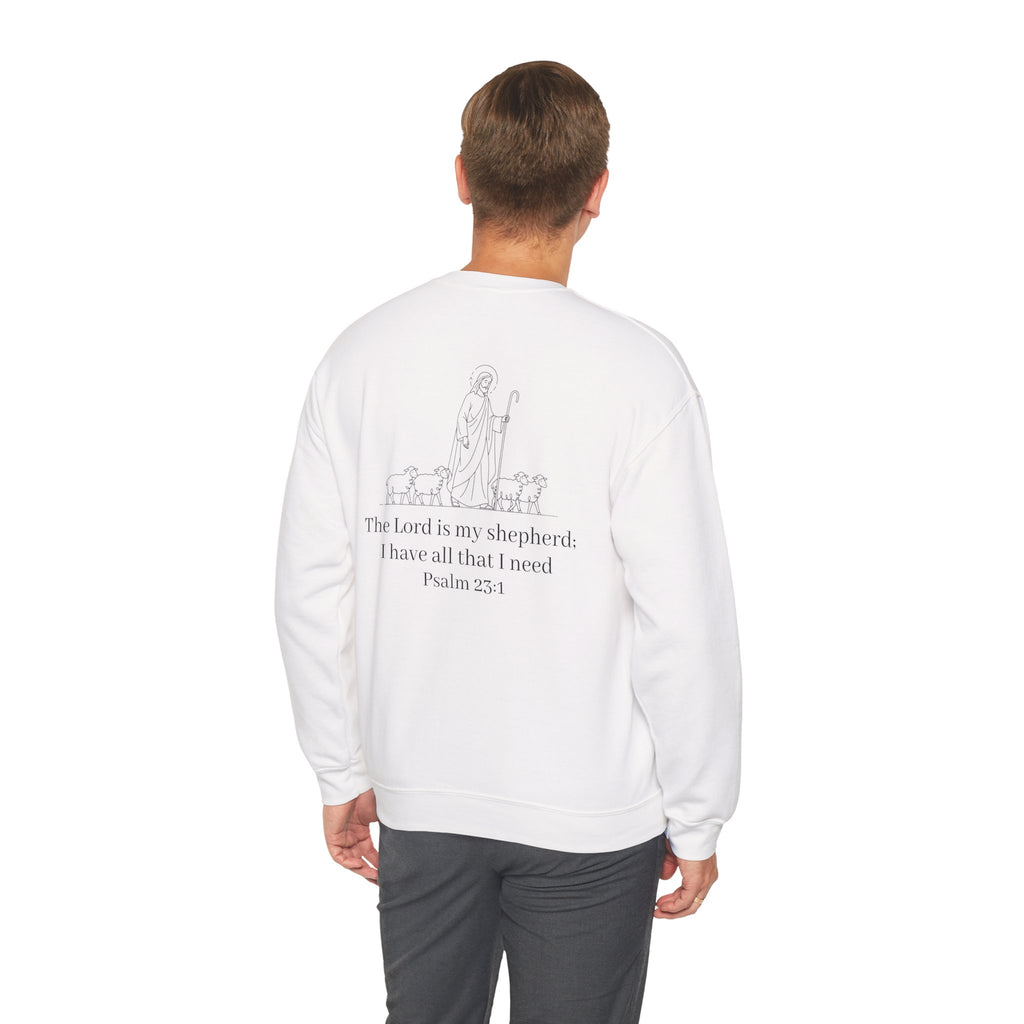 Christian Crewneck Sweatshirt Cross Front & Psalm 23 Shepherd Back