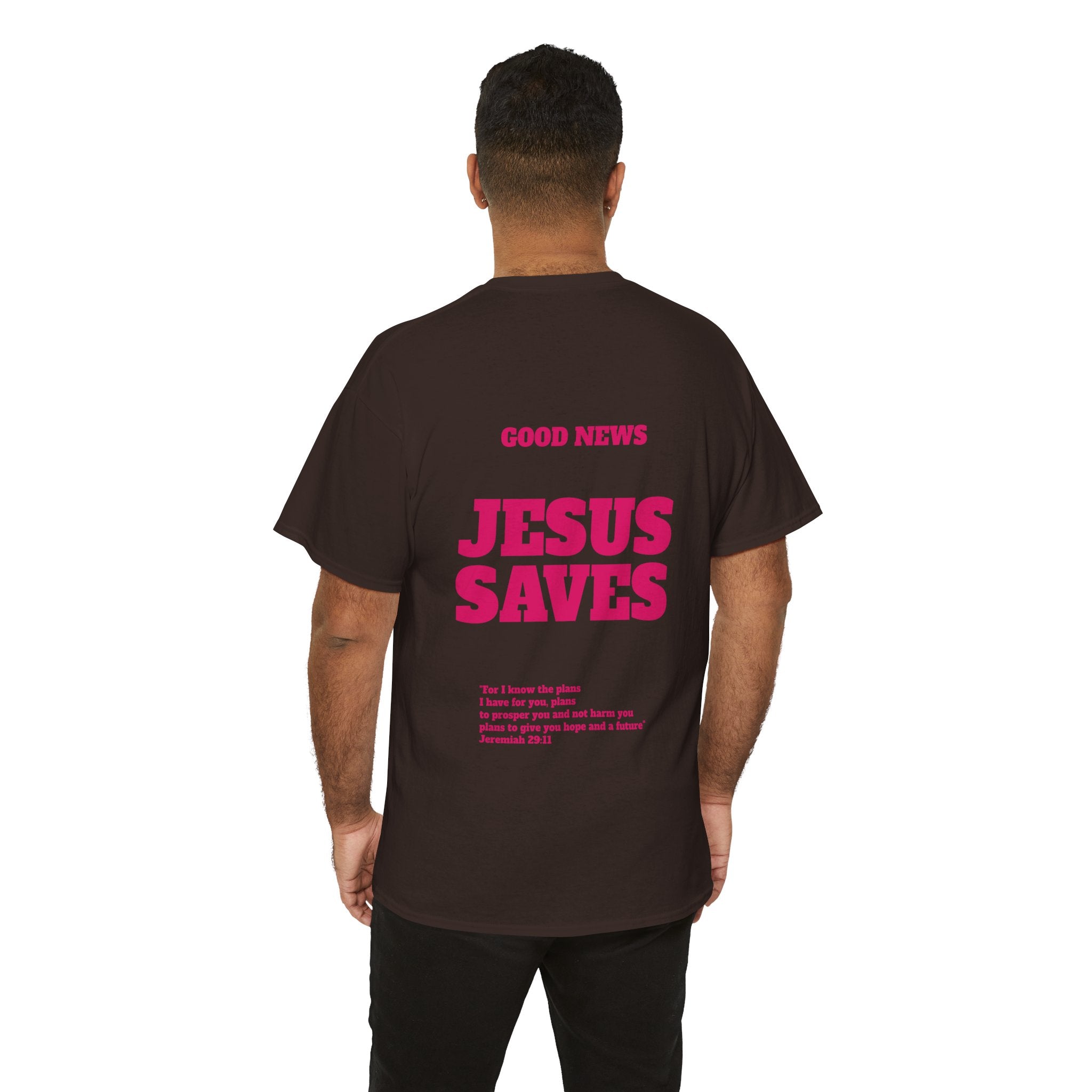 Jesus Saves T‑Shirt Pink 'Good News' Faith Tee (Back Scripture)