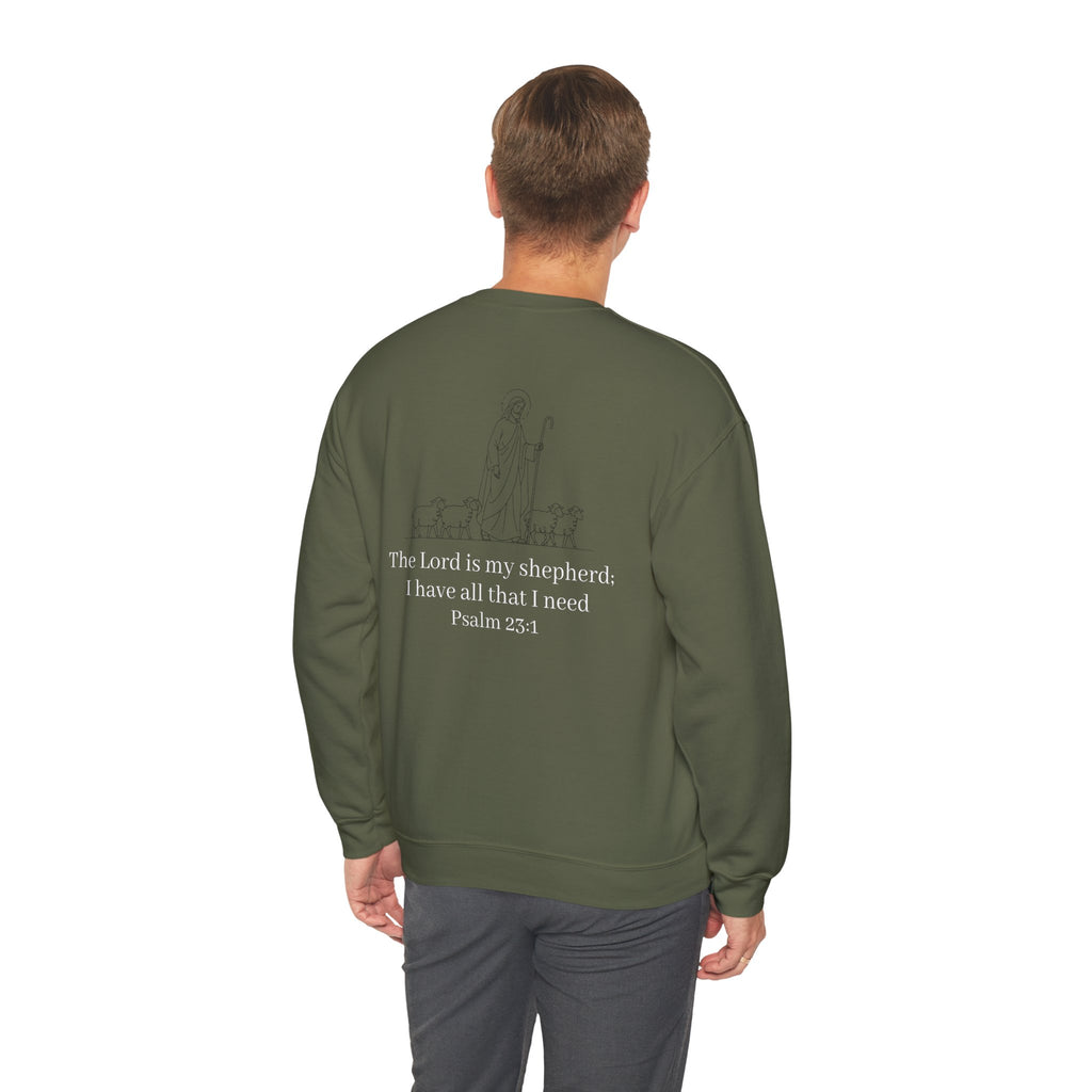 Christian Crewneck Sweatshirt Cross Front & Psalm 23 Shepherd Back