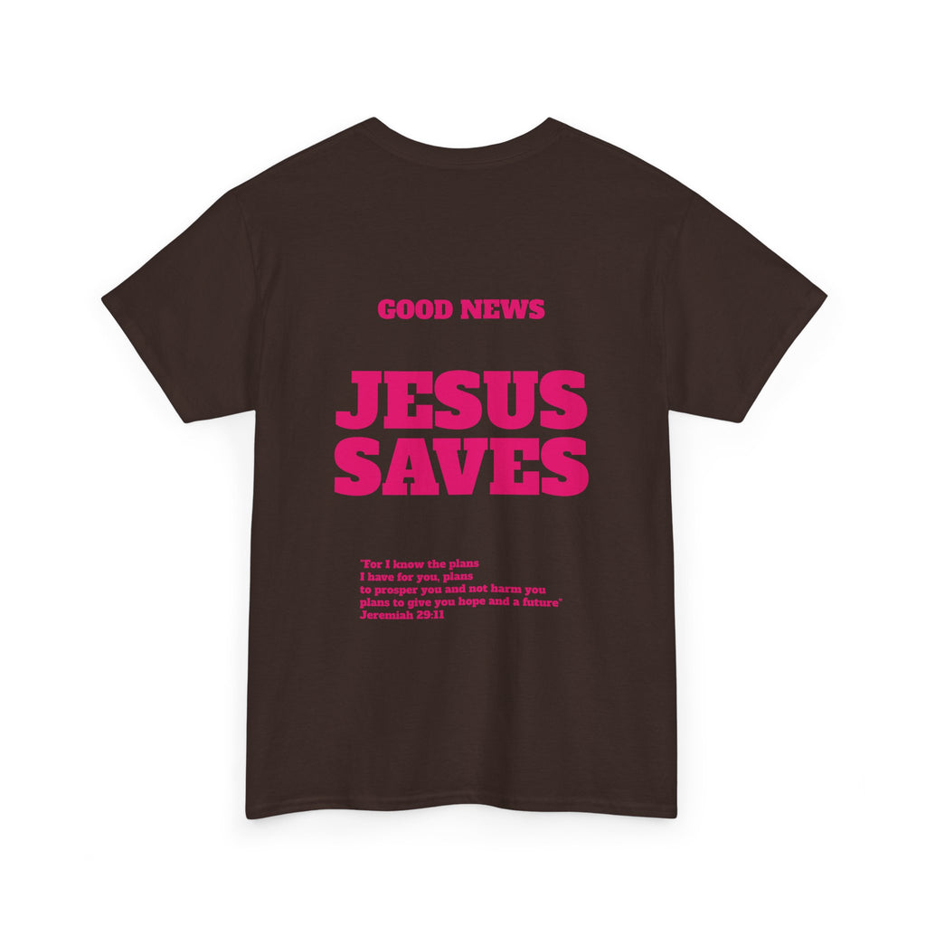 Jesus Saves T‑Shirt Pink 'Good News' Faith Tee (Back Scripture)